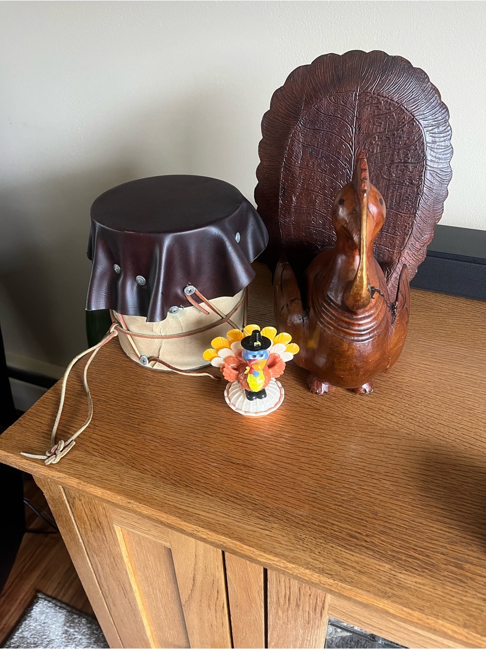 Pier 1 Brown Wood Carved Turkey Figurine with Multicolor Ceramic Pilgrim Turkey